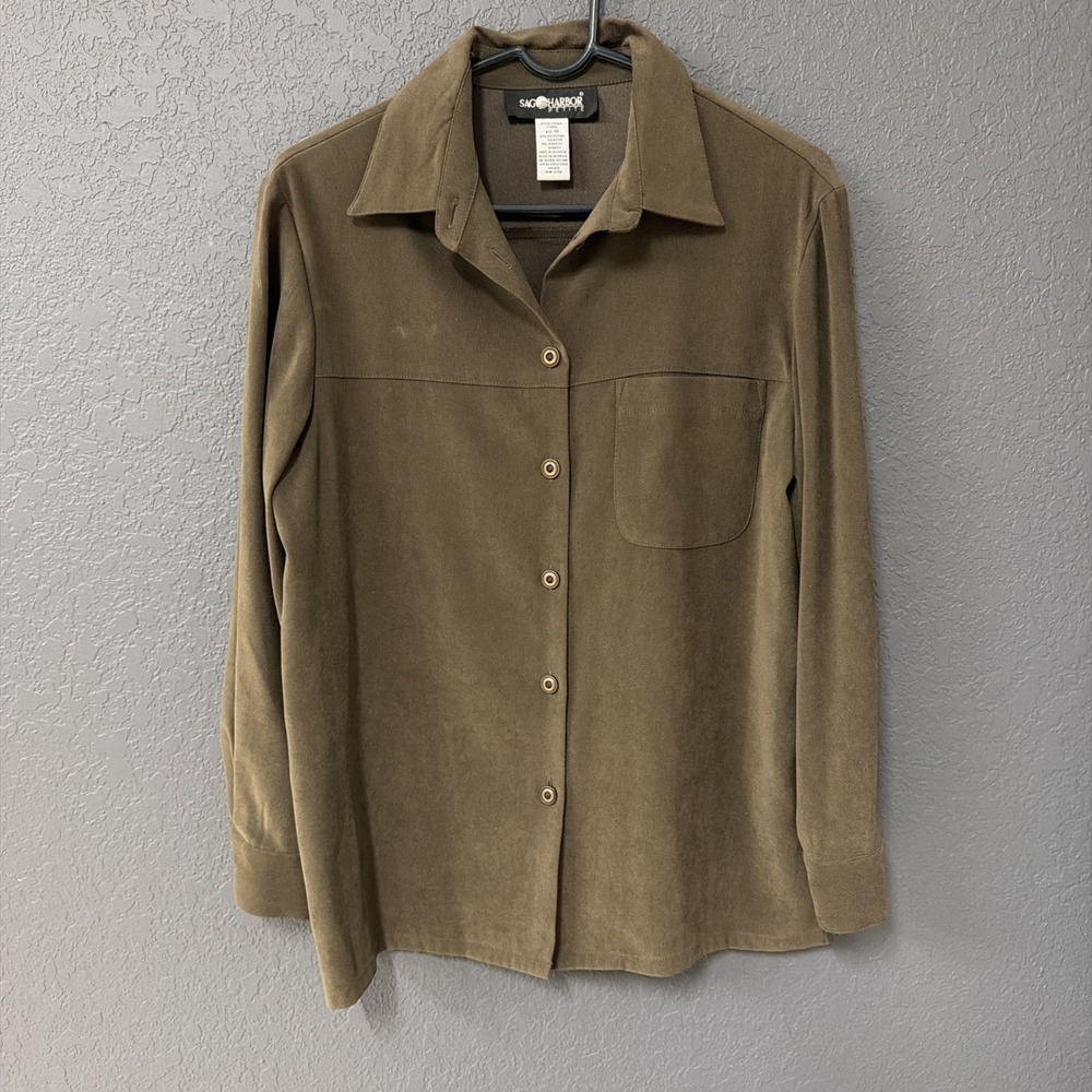 Sag Harbor Faux Suede Button-Down Shirt Jacket Womens Size 10P Green Long Sleeve - Picture 1 of 8